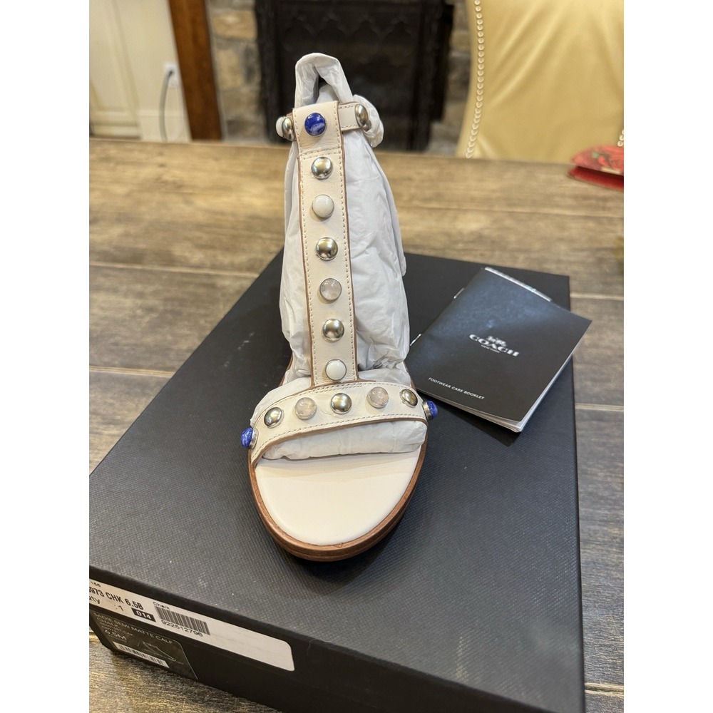COACH‎ Sadie New Semi Matte Flat Sandals Womens Size 6.5 Chalk Beaded Stud - Picture 3 of 12